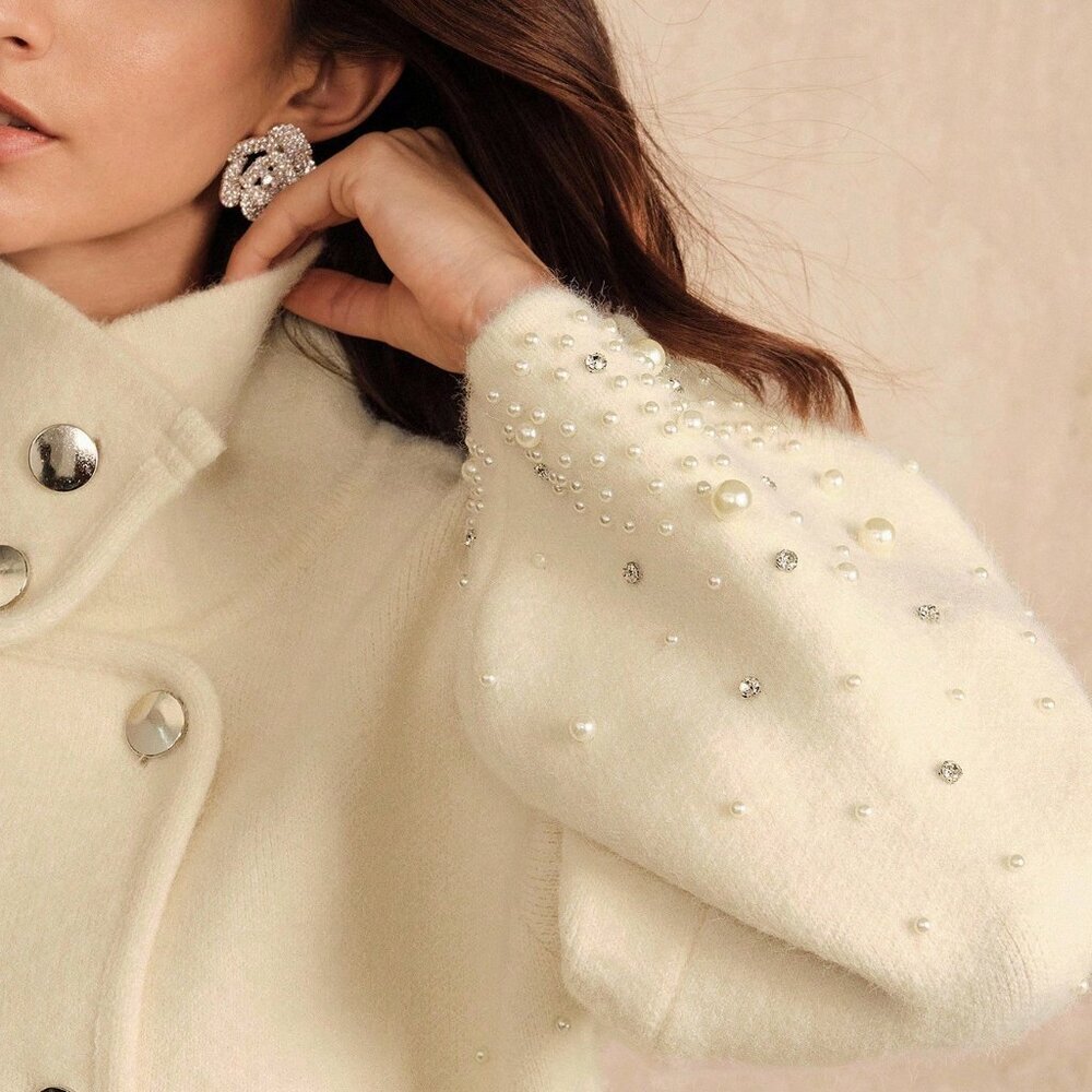 Cream Casual Women's Cardigan with Pearl & Rhinestone Details - Picture 6 of 11